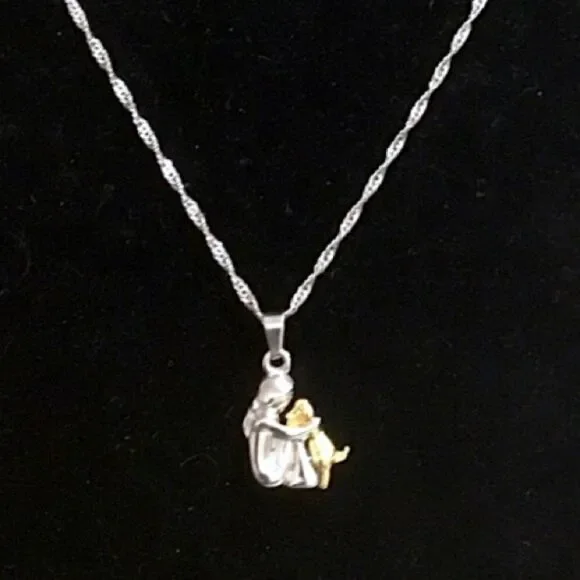 GIRL AND DOG FOR PET LOVER SILVER 925 TWO TONE SILVER/GOLD CHAIN NECKLACE - Picture 3 of 4